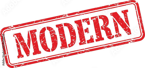 A striking red stamp boldly proclaims the word modern set against a clean white background highlighting its message