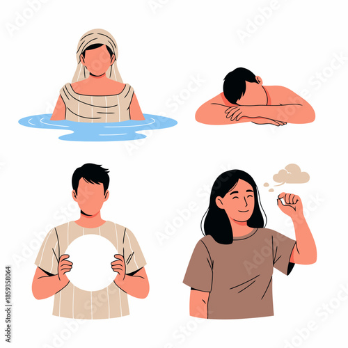 Diverse people in restful thoughtful and refreshing poses wellness self care and mindfulness concepts