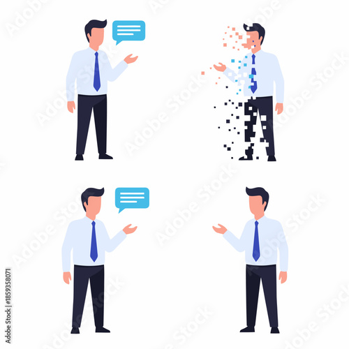 Man Talking Explaining Information Communication Dissolving Into Pixels Degrading Digital Data Loss Concept