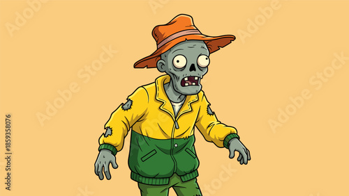 Cartoon Zombie with Hat and Green Jacket Illustration.