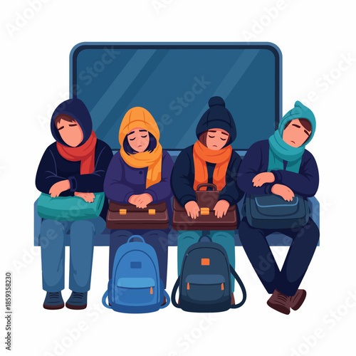 Tired Travelers Waiting in Cold Winter Commute Concept Exhausted People Siblings Friends Sleeping on Bench with Luggage