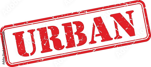 A distressed red stamp with the word urban prominently displayed within a rectangular border isolated on white