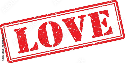 A vibrant red rubber stamp displaying the word love with a slightly distressed and textured appearance is shown