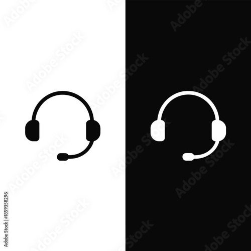 Minimalist headset icon with microphone in contrasting black and white for communication and customer service representation
