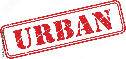 A rectangular red stamp with the word urban boldly displayed in distressed white capital letters is shown