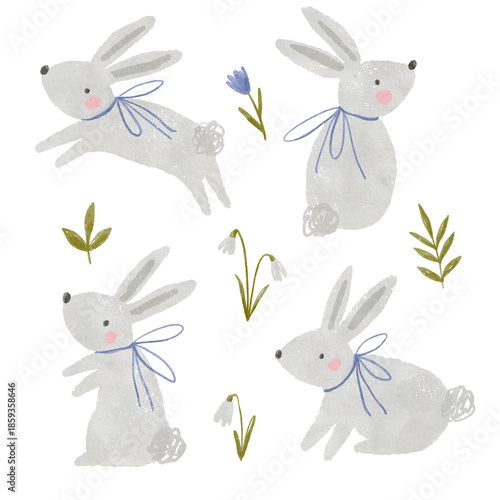 Happy Easter watercolor print. Cute hand drawn Spring illustration with eggs, flowers, leaves and bunny. My first Easter