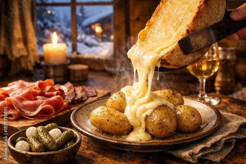 Melted raclette cheese served over potatoes in cozy alpine cabin