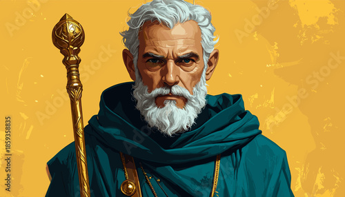 Stern Wizard Portrait with Staff and Intense Gaze.