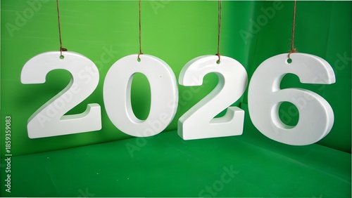 “White 3D Numbers 2026 Hanging on Vibrant Green Background – New Year Concept”