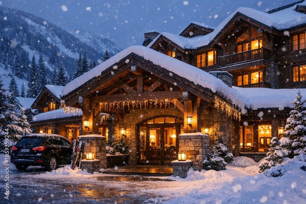 Obraz premium Cozy Mountain Ski Lodge with Lights During Snowfall at Night
