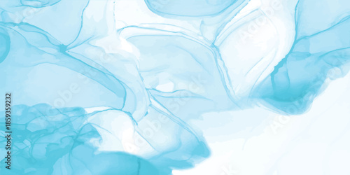 Abstract blue background with wispy smoke patterns featuring frozen crystal ice cubes and clear transparent water droplets for a cool fresh winter texture