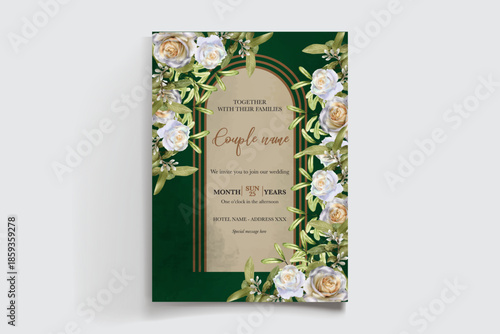 WEDDING INVITATION FRAME WITH FLOWER DECORATIONS AND FRESH LEAVES
