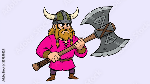 Cartoon Viking Warrior with Horned Helmet and Double Axe.