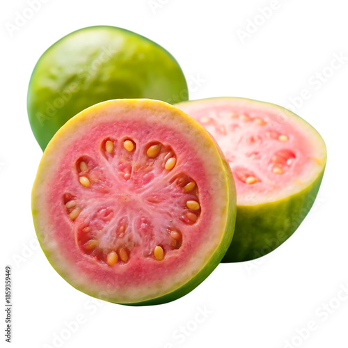 A vibrant display of fresh guava fruit featuring a whole and halved specimen on
