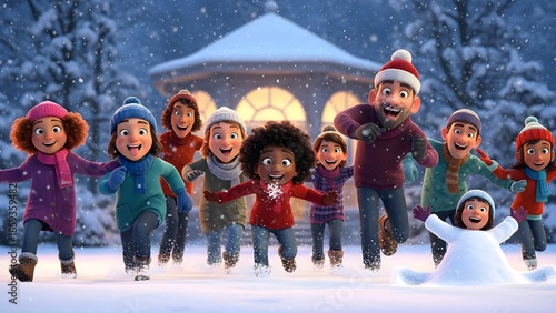 Animated group of kids and adults in colorful winter outfits running happily through snowy park at twilight, joyful characters celebrating holidays together near glowing gazebo, radiating warmth, magi
