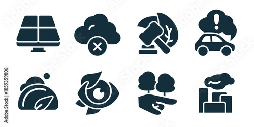 Net zero excellent icon collection. Set of solar panel, no pollution, eco justice, car warning, green seed, recycle loop, nature protection, smoke factory icons