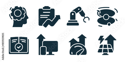 Science progress excellent icon collection. Set of engineering mind, analytics report, robotic arm, innovation cycle, verified knowledge, digital upload, speed meter, energy grid icons