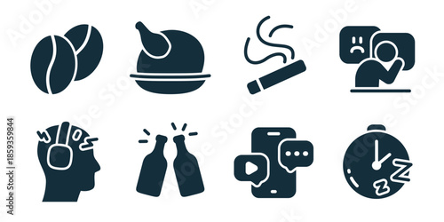 Bad habits excellent icon collection. Set of coffee addiction, junk food, cigarette smoking, sadness stress, loud headphones, alcohol drinking, social media, sleep laziness icons