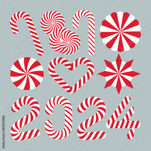 A festive collection of red and white candy cane design elements for new year 2024