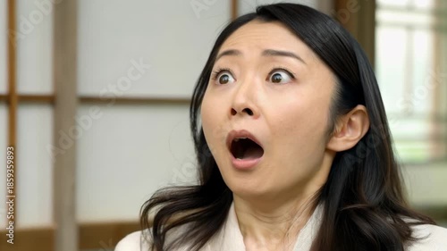 Woman surprised astonished shocked open mouth wide eyes indoor portrait expressing astonishment and shock in interior setting