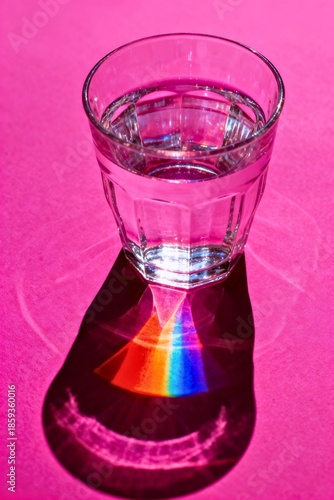 A clear glass of water on a bright magenta surface, with harsh sunlight projecting a hyper-saturated rainbow prism and sharp shadows on the background.
