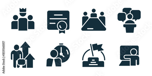 Leadership excellent icon collection. Set of crowned leader, certified document, team meeting, public speech podium, upward arrows, time management, goal flag, presentation board icons