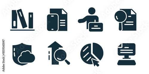 Data analysis excellent icon collection. Books shelf, phone report, consultant briefcase, document search, cloud shield, growth search, pie chart click, desktop analytics icons