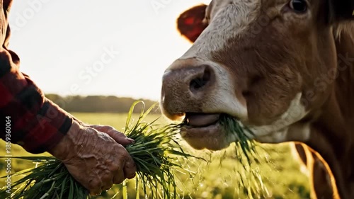 Close-up of a human hand offering fresh green grass to a cow. Golden sunlight fills the background