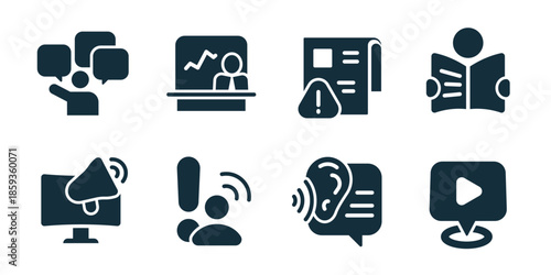 Television and media excellent icon collection. Public discussion, classroom lecture, document alert, newspaper reading, megaphone broadcast, user warning, hearing feedback, video play icons
