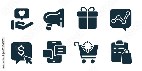Marketing excellent icon collection. Like support, megaphone promo, gift offer, analytics chart, payment click, mobile chat, shopping target, purchase clipboard icons