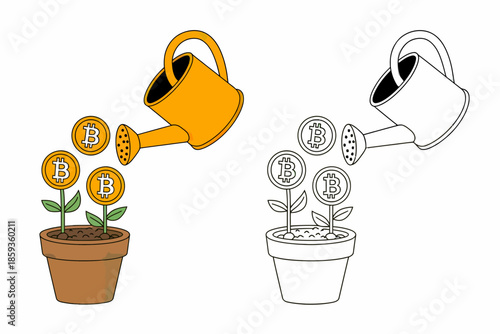 Bitcoin Flowers Growing with Watering Can Illustration