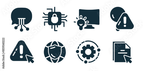 Information technology excellent icon collection. Set of cloud communication, chip security, computer idea, user alert, warning click, shield user, system process, document access icons