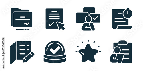 Evaluation and assessment excellent icon collection. Set of report edit, verified approval, quality star, assessor document, signed form, validation check, expert review, rating icons