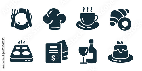 Restaurant excellent icon collection. Plate cutlery, chef hat, coffee cup, croissant, stove, receipt, wine bottle, dessert icons