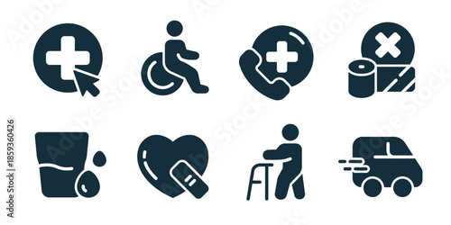 Healthcare and medical care excellent icon collection. Emergency cross, wheelchair access, medical hotline, bandage care, medicine glass, heart treatment, elderly support, ambulance service icons