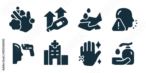 Hygiene and safety excellent icon collection. Hand washing, sanitizer growth, contaminated food, allergy warning, eye check, hospital building, clean hands, patient care icons