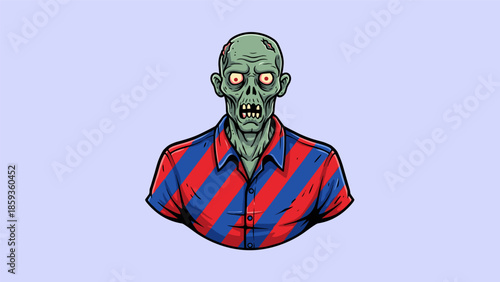 Creepy Zombie Illustration with Striking Red and Blue Shirt.