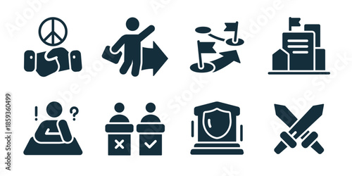 Diplomacy excellent icon collection. Set of peace symbol, international handshake, direction choice, country building, decision question, vote podium, protected institution, crossed swords icons