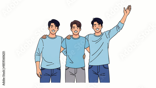 Happy friends in casual blue outfits smiling together, one waving cheerfully, isolated on white background, friendship concept