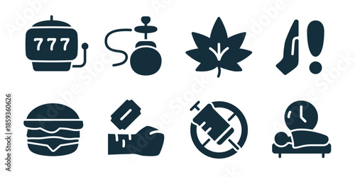 Bad habits excellent icon collection. Set of slot addiction, bottle drip, cannabis leaf, phone alert, fast food, razor harm, syringe ban, oversleep clock icons