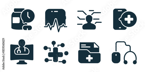 Digital healthcare excellent icon collection. Set of medical monitor, online doctor, health analytics, patient profile, digital diagnosis, telemedicine call, medical data, heart rate icons