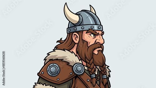Viking Warrior Cartoon Character with Horned Helmet and Braided Beard.