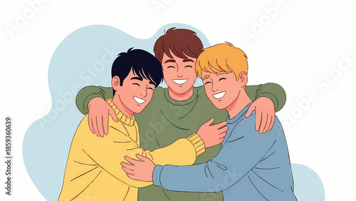 Smiling friends embracing with joy and happiness in colorful casual sweaters illustrating friendship and unity with cheerful expressions