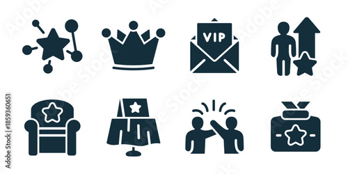 Loyalty benefits excellent icon collection. Set of premium club, reward crown, customer appreciation, exclusive offer, loyalty card, star rating, membership access, bonus gift icons