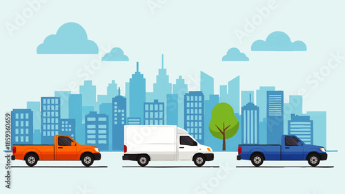 Colorful Pickup Trucks and Delivery Van Parked in Front of Modern City Skyline with Skyscrapers and Blue Sky Illustration