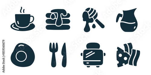 Breakfast and lunch excellent icon collection. Set of sandwich bread, cereal bowl, tea cup, honey jar, lunch plate, kitchen utensils, daily meal, food preparation icons