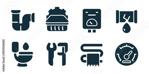 Plumbing excellent icon collection. Set of sink pipe, boiler heater, water meter, leaking pipe, toilet bowl, wrench tool, filter system, pressure gauge icons