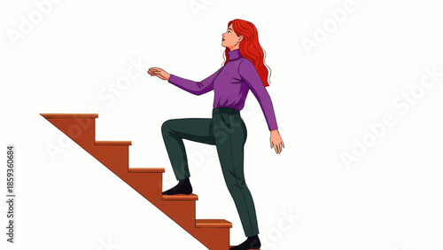 Confident red-haired woman in purple sweater and green pants climbing wooden stairs against white background in isolated style illustration
