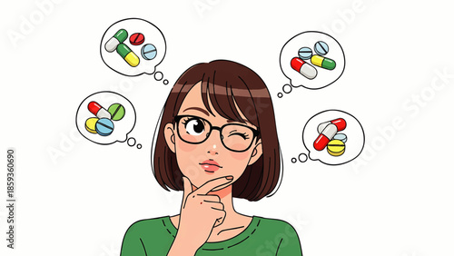 Young woman with glasses and short hair contemplating medications and health choices in a modern workspace setting