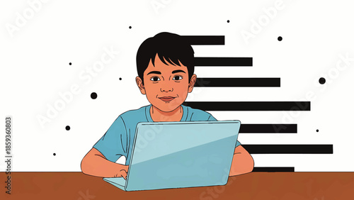 Young boy with short dark hair sitting at desk working on laptop computer in a bright modern classroom setting with minimal decor